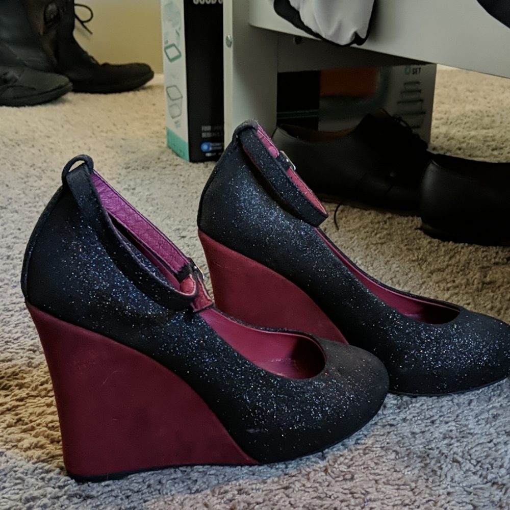 Jeffrey Campbell black glitter and burgundy wedges
